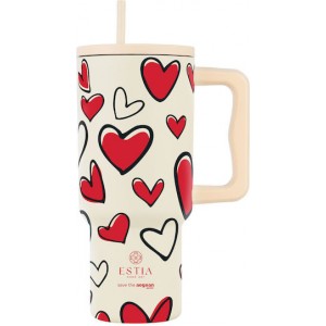 Estia Straw Tumbler XL Save the Aegean Ανακυκλώσιμο Handled Tumbler Θερμός Ανοξείδωτο BPA Free 900ml Red Valentine 01-37734